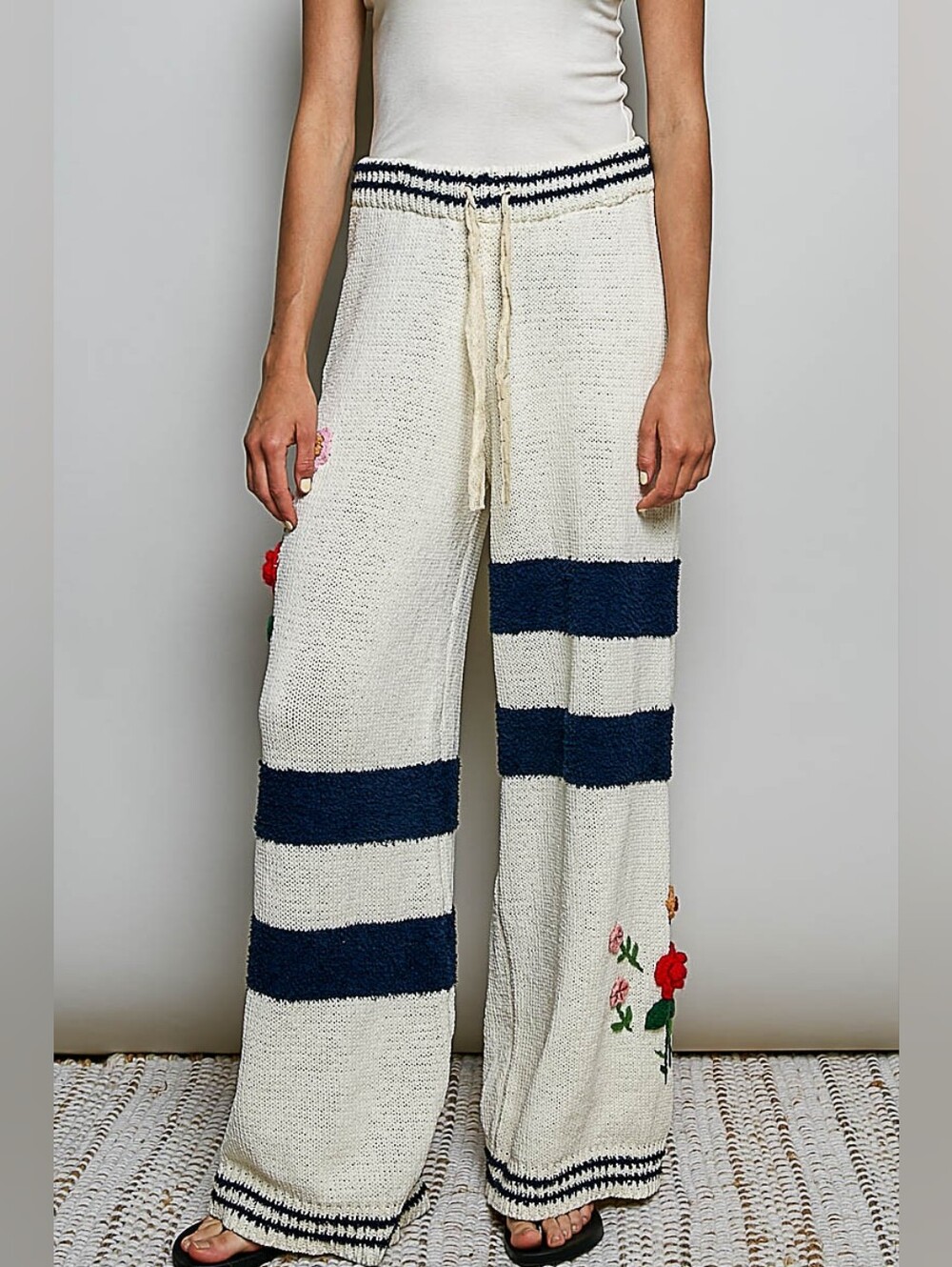 POL Chenille Striped 3D Floral Embroidered Wide Leg Sweater Pants Cream / Navy